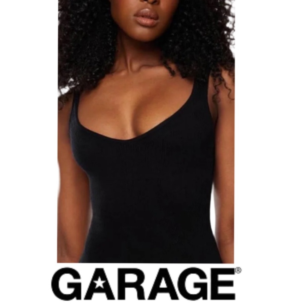 GARAGE | V Neck Thong Bodysuit Black Ribbed Sleeveless Summer Vacation Neutral